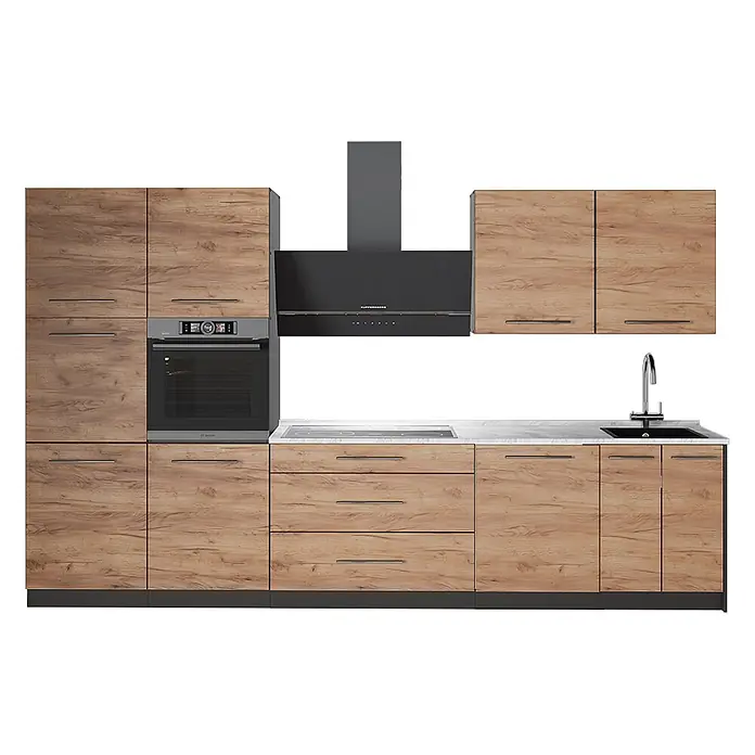 Vicco Küchenzeile - Goldkraft Eiche, Ohne Elektrogeräte - Moderne Holzküchenzeile mit integriertem Backofen, Kochfeld, Spüle, Dunstabzugshaube, weißer Arbeitsplatte und dunkelgrauen Geräten.