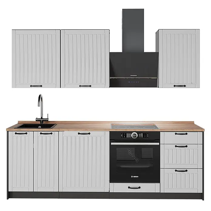 Vicco Küchenzeile - Breite: 230 cm, Weiß Landhaus, Ohne Elektrogeräte - Moderne Küchenzeile mit hellgrauen Paneelschranktüren, Holz-Arbeitsplatte, schwarzer Spüle, Kochfeld, Backofen und passender Dunstabzugshaube. Schwarze Griffe.