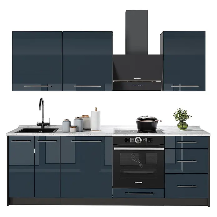 Vicco Küchenzeile - Breite: 230 cm, Dunkelblau Hochglanz, Ohne Elektrogeräte - Moderne Küchenzeile mit glänzenden dunkelblauen Schränken, weißer Marmor-Arbeitsplatte, schwarzen Geräten und silbernen Griffen.