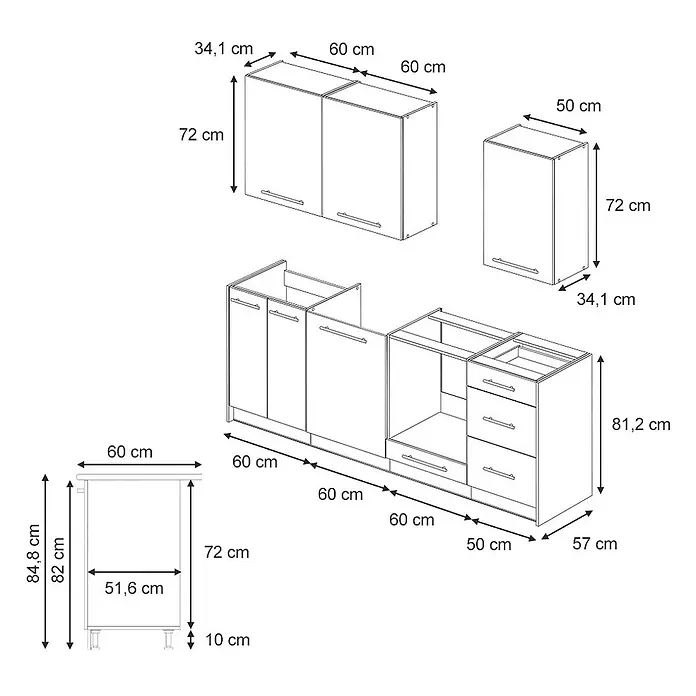 Vicco Küchenzeile - Breite: 230 cm, Weiß Landhaus, Ohne Elektrogeräte - Explodierte Ansicht eines modularen Küchenschrank-Sets, das verschiedene Wand- und Unterschränke mit detaillierten Abmessungen zeigt.