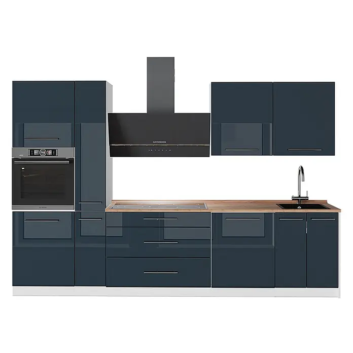 Vicco Küchenzeile - Dunkelblau Hochglanz, Ohne Elektrogeräte - Moderne Küche mit hochglänzenden dunkelblauen Schränken, Holzplatte, integriertem Backofen, Induktionskochfeld, Dunstabzugshaube und Spüle.