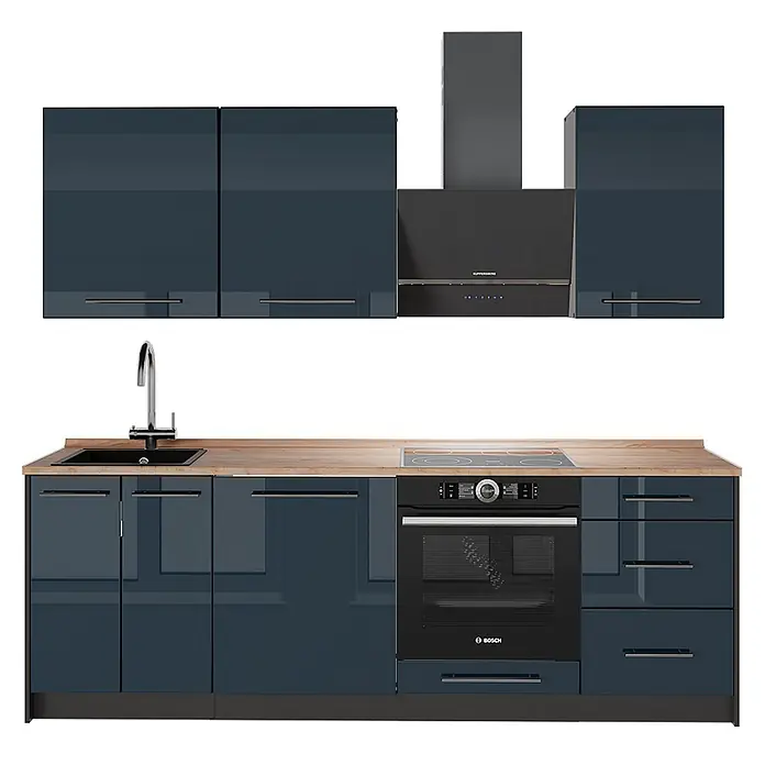 Vicco Küchenzeile - Breite: 230 cm, Dunkelblau Hochglanz, Ohne Elektrogeräte - Moderne Küche mit glänzenden dunkelblauen Schränken, Holzplatte, integriertem Backofen, Kochfeld, Spüle und Dunstabzugshaube.