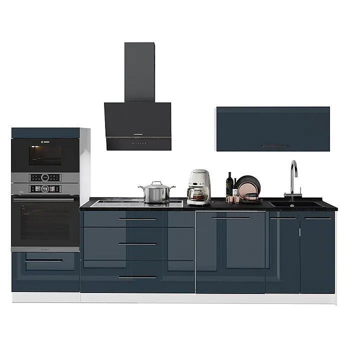 Vicco Küchenzeile - Breite: 280 cm, Dunkelblau Hochglanz, Ohne Elektrogeräte - Moderne modulare Küche mit glänzenden tiefblauen Schränken, dunklen Arbeitsplatten, integriertem Bosch-Backofen und Mikro, Kochfeld, KUPPERSBERG-Dunstabzugshaube und Spüle.