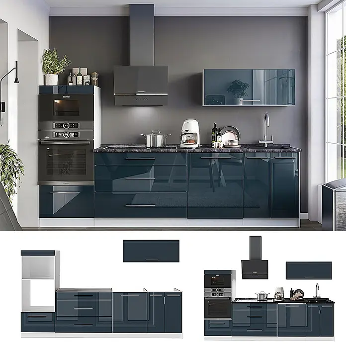 Vicco Küchenzeile - Breite: 280 cm, Dunkelblau Hochglanz, Ohne Elektrogeräte - Moderne Küche mit glänzenden blauen Unterschränken, dunkelgrauer Arbeitsplatte und integrierten Geräten wie Öfen und Dunstabzugshaube.