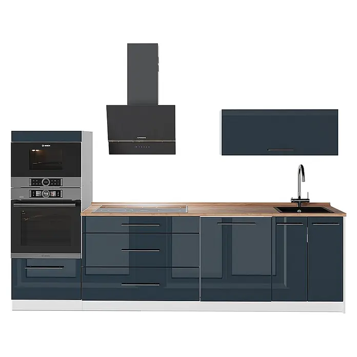 Vicco Küchenzeile - Breite: 280 cm, Dunkelblau Hochglanz, Ohne Elektrogeräte - Moderne Küchenzeile mit dunkelblauen Hochglanzschränken, heller Holztheke und Edelstahlgeräten wie Backofen, Kochfeld, Spüle und Dunstabzugshaube.