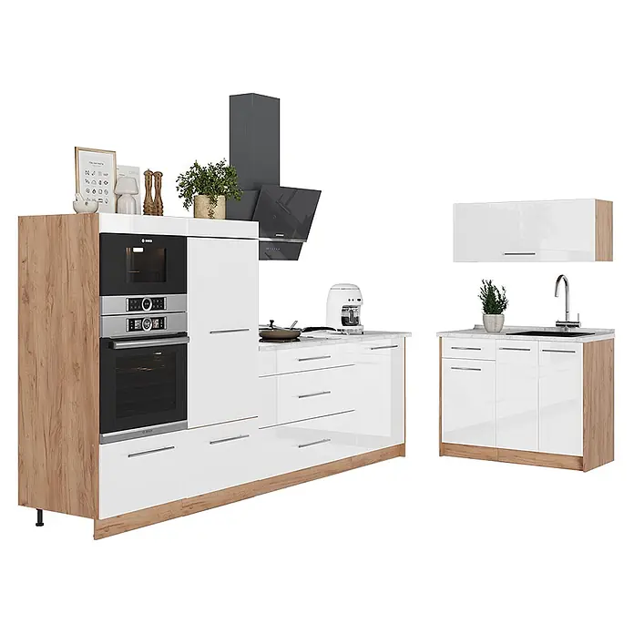 Vicco Küchenzeile - Weiß Hochglanz, Ohne Elektrogeräte - Weiße Hochglanz-Modulküche mit Holzmaserung, integrierten Geräten und Arbeitsplatte in Marmoroptik.