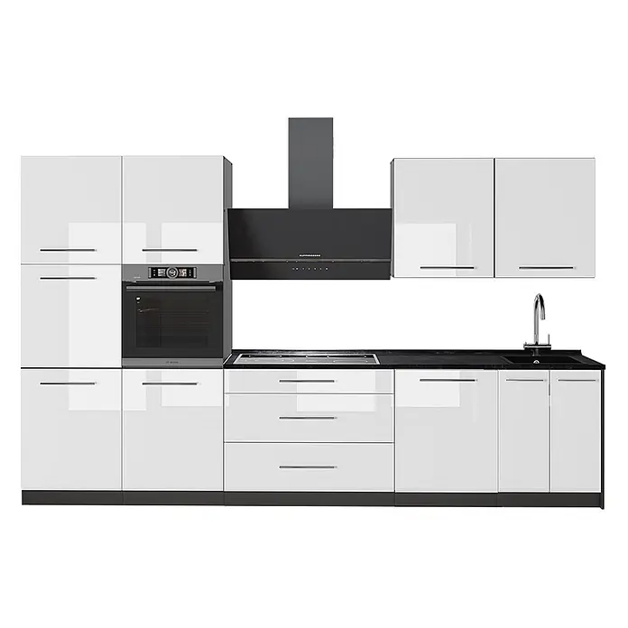Vicco Küchenzeile - Weiß Hochglanz, Ohne Elektrogeräte - Moderne weiße Hochglanzküche mit integriertem Ofen, Kochfeld, Dunstabzugshaube und Spüle, schwarze Arbeitsplatte.