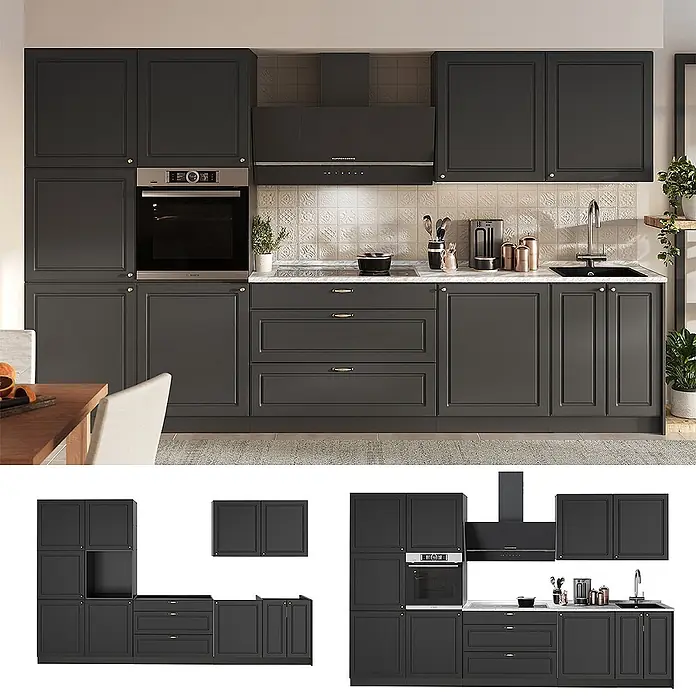 Vicco Küchenzeile - Breite: 340 cm, Anthrazit-Gold Landhaus, Ohne Elektrogeräte - Moderne dunkelgraue modulare Küche mit Kassettenfronten, Goldgriffen, integriertem Ofen, Kochfeld, Spüle und Dunstabzugshaube.