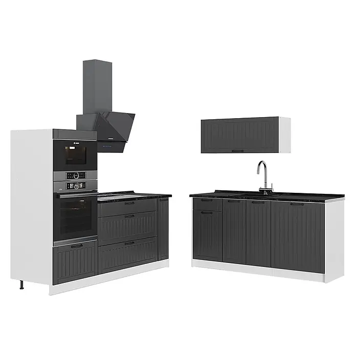 Vicco Küchenzeile - Breite: 340 cm, Dunkelgrau, Ohne Elektrogeräte - Moderne, dunkelgraue Küche mit Kassettentüren, integrierten Bosch-Öfen, Dunstabzugshaube und Spüle mit schwarzer Arbeitsplatte und weißen Seitenpaneelen.