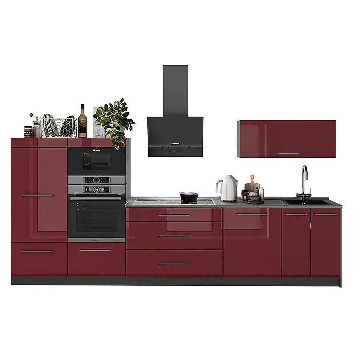 Vicco Küchenzeile - Bordeaux Hochglanz, Ohne Elektrogeräte - Glänzende, tiefrote Modulküche mit integriertem Backofen, Kochfeld, Spüle und Dunstabzugshaube, mit modernen Griffen.