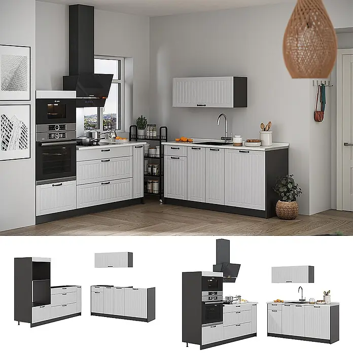 Vicco Küchenzeile - Breite: 340 cm, Weiß Landhaus, Ohne Elektrogeräte - Moderne modulare Küche in Weiß-Schwarz mit Geräten und Spüle, gezeigt im Küchenkontext und als Einzelmodule.