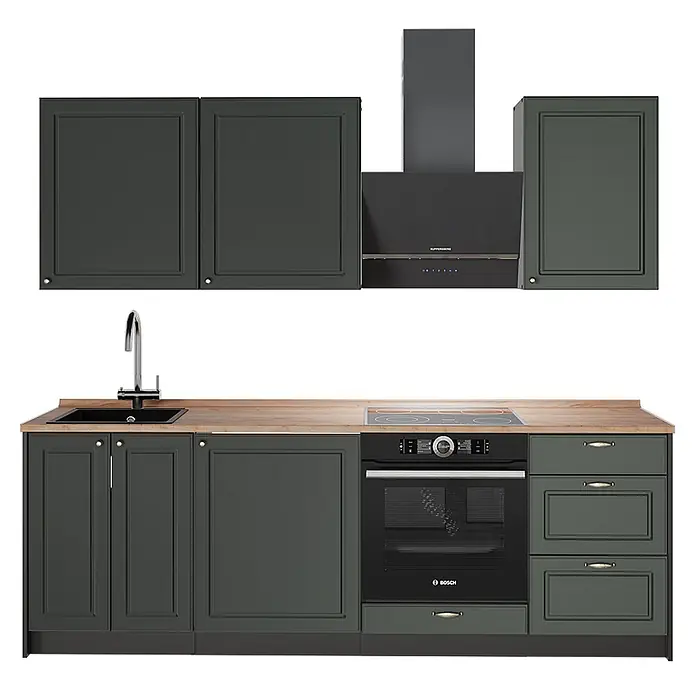 Vicco Küchenzeile - Breite: 230 cm, Grün-Gold Landhaus, Ohne Elektrogeräte - Modernes dunkelgraues Küchenset mit heller Holzplatte, bestehend aus Hängeschränken, Dunstabzugshaube, Spüle, Kochfeld, Backofen und Schubladen.