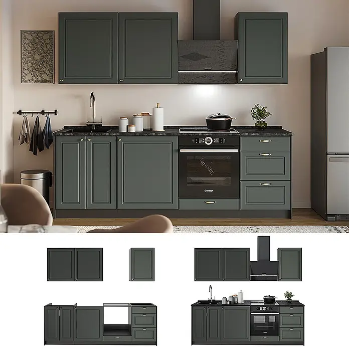 Vicco Küchenzeile - Breite: 230 cm, Grün-Gold Landhaus, Ohne Elektrogeräte - Dunkelgrüne modulare Küche mit schwarzen Arbeitsplatten, Spüle, Ofen, Ober- und Unterschränken, in einem Zimmer aufgebaut.