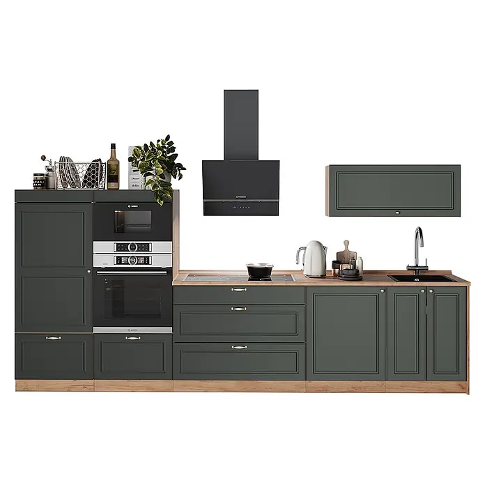 Vicco Küchenzeile - Breite: 340 cm, Grün-Gold Landhaus, Ohne Elektrogeräte - Dunkelgrüne Küchenschränke mit heller Holzplatte, inkl. Einbauöfen, Induktionskochfeld, Spüle und schwarzer Dunstabzugshaube.
