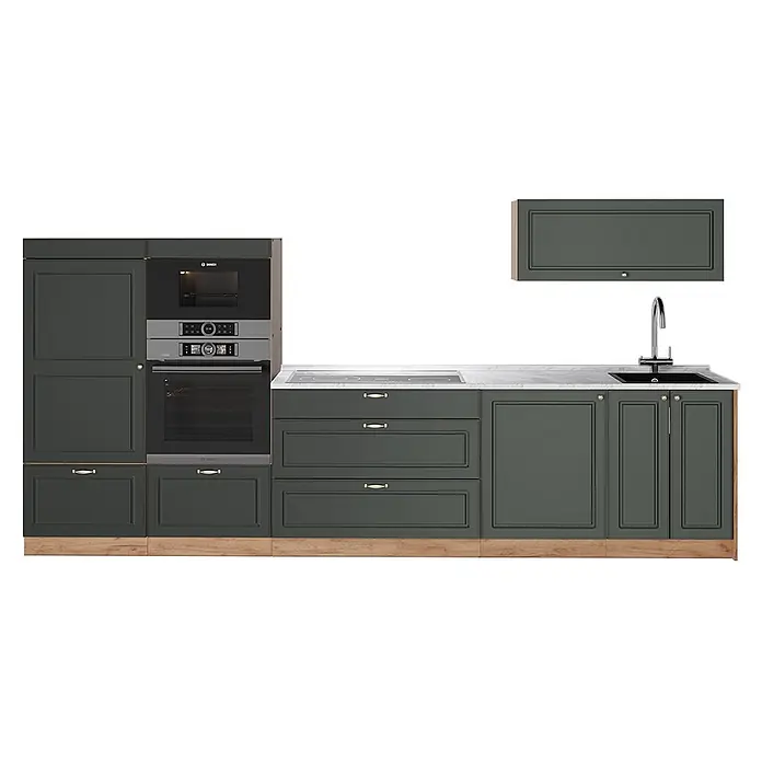 Vicco Küchenzeile - Breite: 340 cm, Grün-Gold Landhaus, Ohne Elektrogeräte - Dunkelgraue Modulküche mit hellem Holzsockel, Marmoroptik-Arbeitsplatte, integrierten Bosch-Geräten und Spüle.