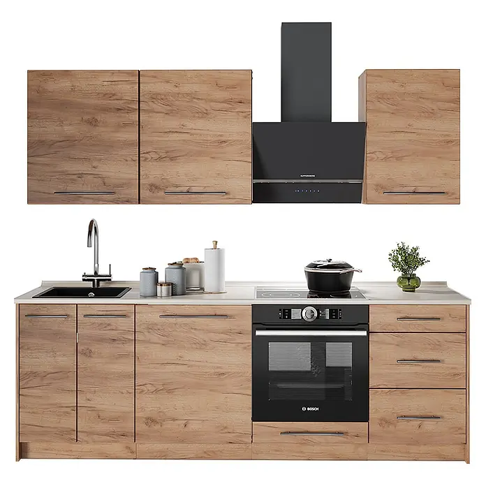 Vicco Küchenzeile - Breite: 230 cm, Goldkraft Eiche, Ohne Elektrogeräte - Moderne Küchenzeile mit hellen Holzschränken, schwarzer Spüle, Kochfeld, Backofen und Dunstabzugshaube.
