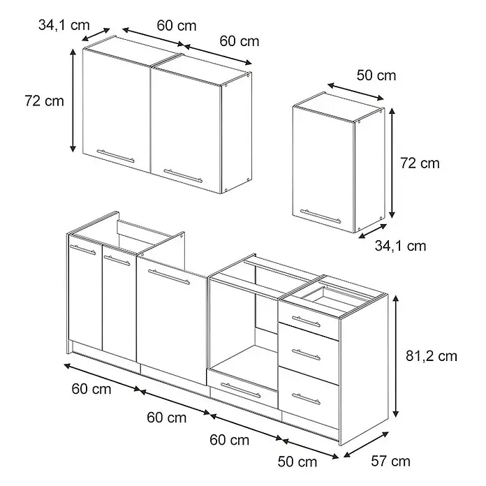 Vicco Küchenzeile - Breite: 230 cm, Dunkelgrau, Ohne Elektrogeräte - Technische Zeichnung eines modularen Küchenschranksystems mit verschiedenen Wand- und Unterschränken und Maßen.