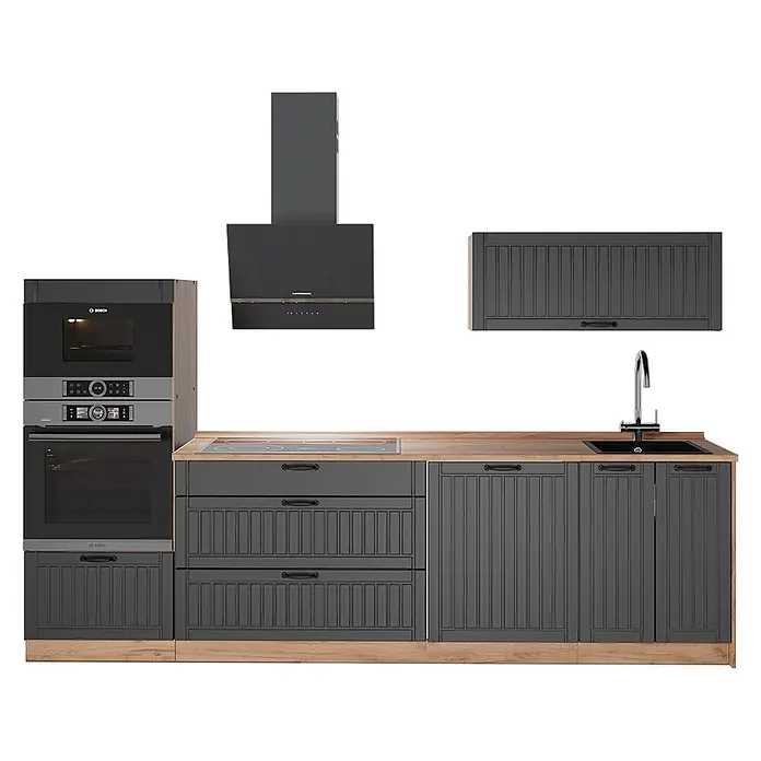 Vicco Küchenzeile - Breite: 280 cm, Dunkelgrau, Ohne Elektrogeräte - Moderne Modulküche mit dunkelgrauen Schränken, Holzoptik-Arbeitsplatten, integrierten Bosch-Geräten, Spüle und KUPPERSBERG Dunstabzugshaube.