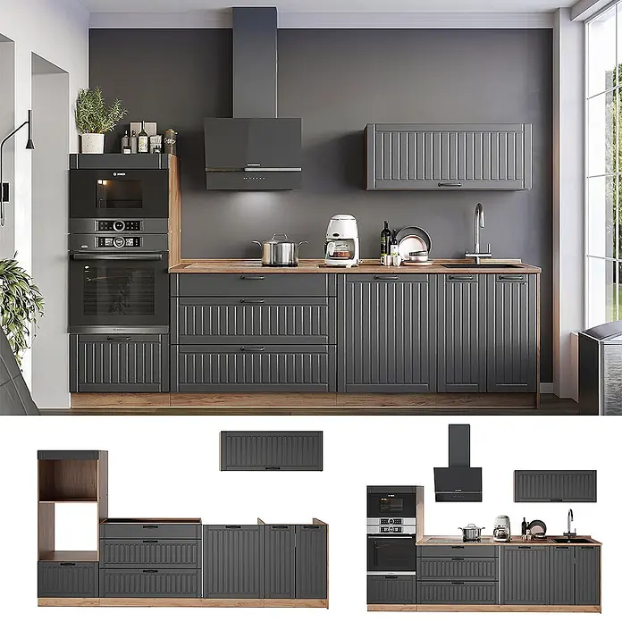 Vicco Küchenzeile - Breite: 280 cm, Dunkelgrau, Ohne Elektrogeräte - Dunkelgraue modulare Küche mit Holzdetails, inklusive integriertem Ofen, Kochfeld, Spüle und Dunstabzugshaube.