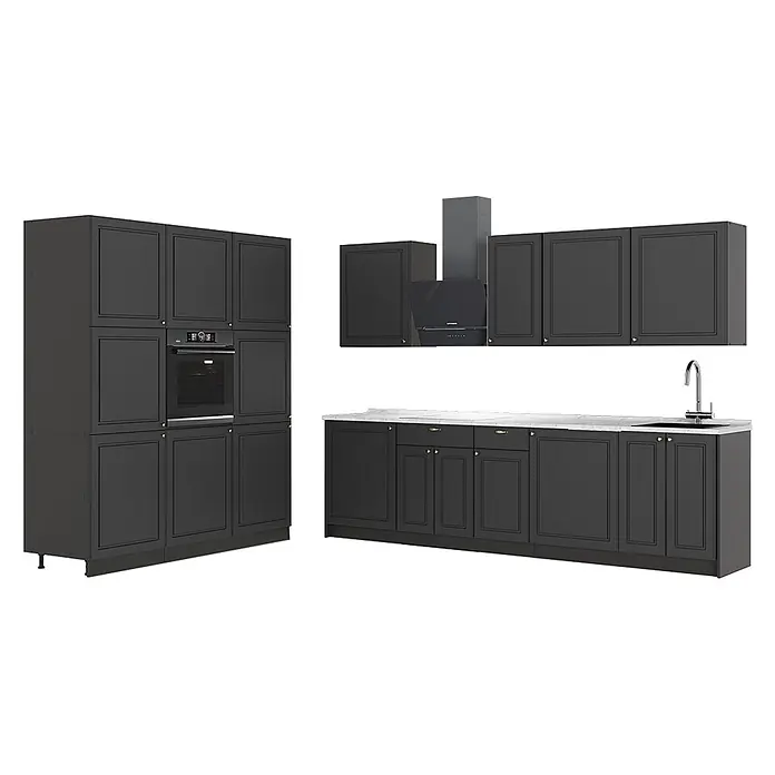 Vicco Küchenzeile - Breite: 460 cm, Anthrazit-Gold Landhaus, Ohne Elektrogeräte - Dunkelgraue Küchenschrank-Garnitur mit integriertem Backofen, Dunstabzugshaube, Spüle und Wasserhahn.