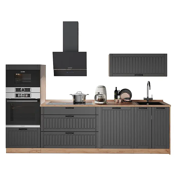 Vicco Küchenzeile - Breite: 280 cm, Dunkelgrau, Ohne Elektrogeräte - Moderne anthrazitfarbene Küchenzeile mit Holzsockel, Arbeitsplatte, Einbaugeräten und Dunstabzugshaube.