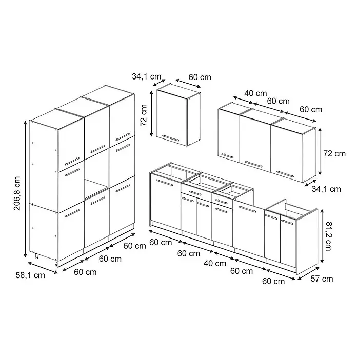 Vicco Küchenzeile - Dunkelblau Hochglanz, Ohne Elektrogeräte - Strichzeichnung modularer Küchenschränke in verschiedenen Größen, darunter Hochschränke, Oberschränke und Unterschränke, mit Maßen.