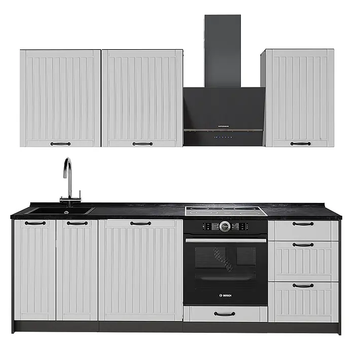 Vicco Küchenzeile - Breite: 230 cm, Weiß Landhaus, Ohne Elektrogeräte - Eine hellgraue Küchenzeile mit schwarzen Geräten und Arbeitsplatte, inklusive Ober- und Unterschränken, Spüle, Backofen, Kochfeld und Dunstabzugshaube.