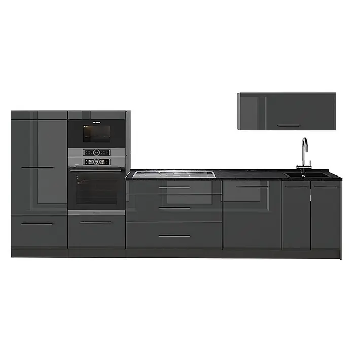 Vicco Küchenzeile - Breite: 340 cm, Anthrazit Hochglanz, Ohne Elektrogeräte - Moderne glänzend dunkelgraue Küche mit integriertem Backofen, Mikrowelle, Kochfeld, Spüle und Hängeschrank.