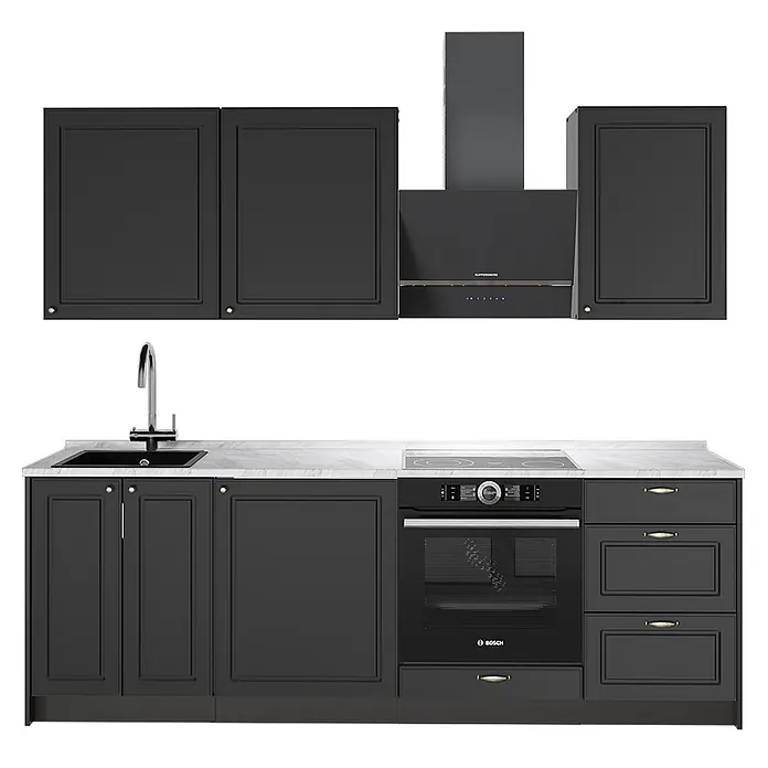Vicco Küchenzeile - Breite: 230 cm, Anthrazit-Gold Landhaus, Ohne Elektrogeräte - Dunkelgraue klassische Küche mit weißer Marmorarbeitsplatte, integrierter Spüle, Backofen, Kochfeld und Dunstabzugshaube.
