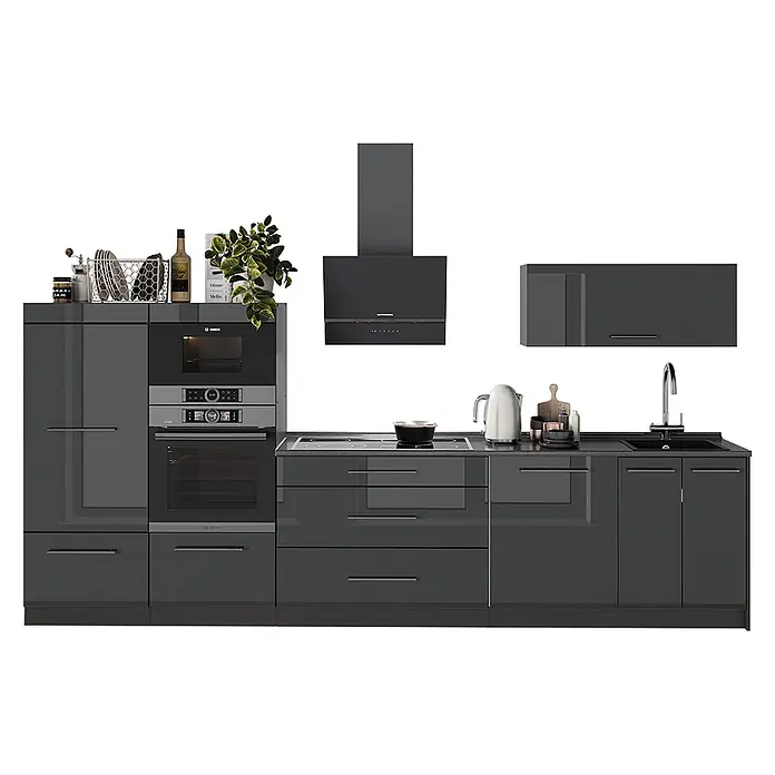 Vicco Küchenzeile - Breite: 340 cm, Anthrazit Hochglanz, Ohne Elektrogeräte - Moderne dunkelgraue Hochglanzküche mit integriertem Ofen, Kochfeld, Dunstabzugshaube und Spüle.