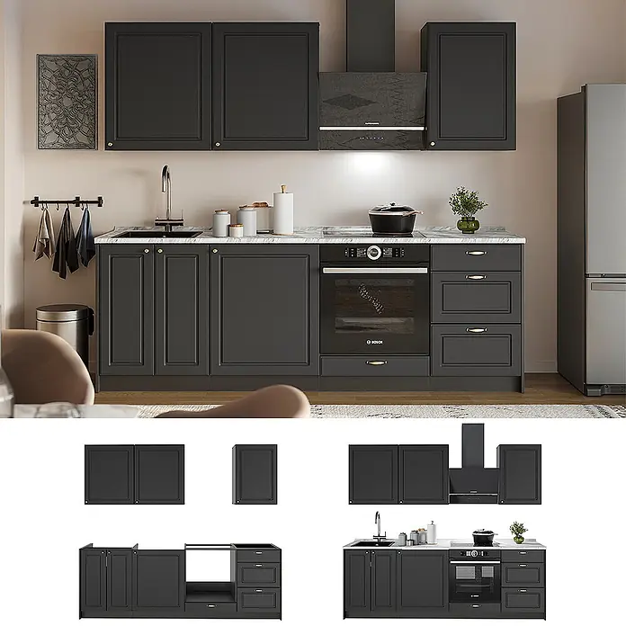 Vicco Küchenzeile - Breite: 230 cm, Anthrazit-Gold Landhaus, Ohne Elektrogeräte - Moderne dunkelgraue Küchenzeile mit Backofen, Kochfeld und Spüle, in einem Wohnambiente dargestellt.