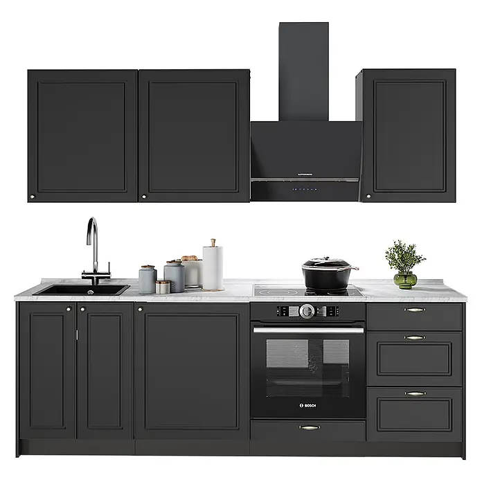 Vicco Küchenzeile - Breite: 230 cm, Anthrazit-Gold Landhaus, Ohne Elektrogeräte - Moderne dunkelgraue Küchenzeile mit Rahmenfronten, Marmor-Arbeitsplatte, integrierten Geräten und Dunstabzugshaube.