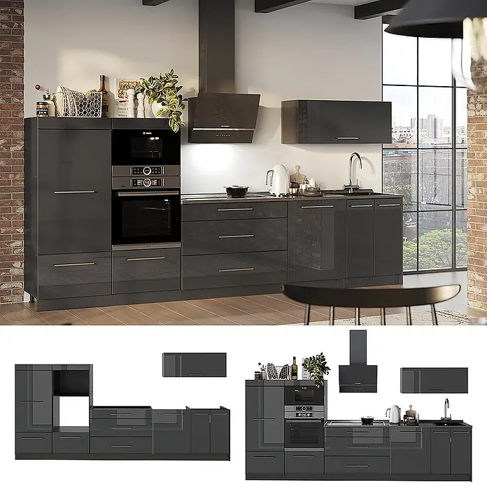 Vicco Küchenzeile - Breite: 340 cm, Anthrazit Hochglanz, Ohne Elektrogeräte - Dunkelgraue Hochglanz-Küchenzeile mit integriertem Backofen, Mikrowelle, Kochfeld und Spüle in einer modernen Küche.