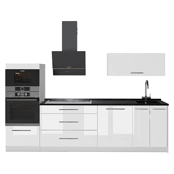 Vicco Küchenzeile - Breite: 280 cm, Weiß Hochglanz, Ohne Elektrogeräte - Moderne Küche mit weißen Hochglanzschränken, schwarzer Arbeitsplatte, integrierten Öfen, Kochfeld, Spüle und dunkler Dunstabzugshaube.