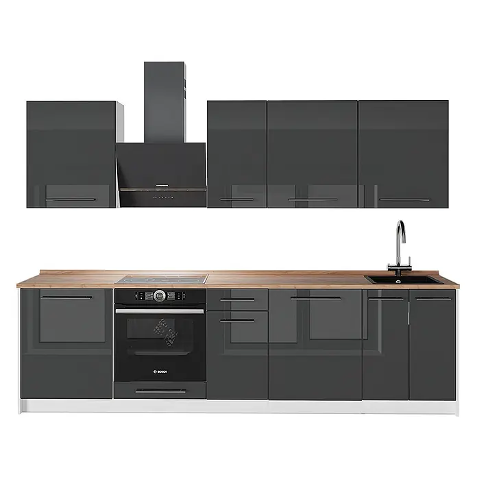 Vicco Küchenzeile - Anthrazit Hochglanz, Ohne Elektrogeräte - Moderne dunkelgraue Hochglanz-Küche mit Holzplatte, Backofen, Kochfeld, Spüle und Dunstabzugshaube.