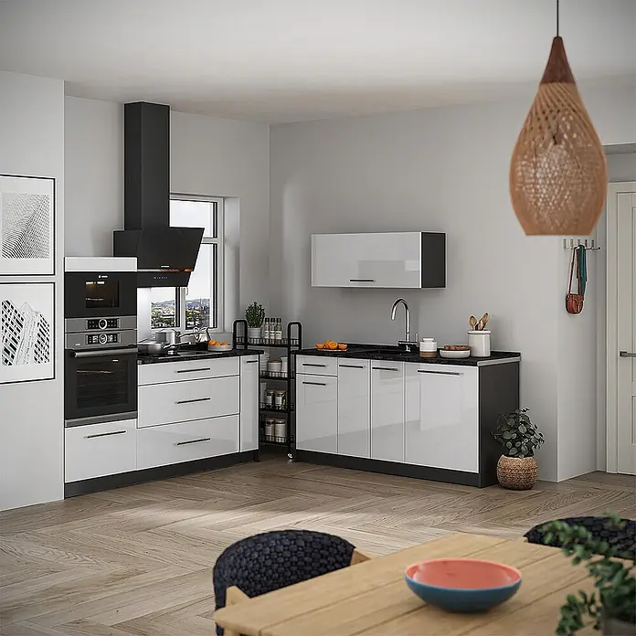 Vicco Küchenzeile - Weiß Hochglanz, Ohne Elektrogeräte - Moderne L-förmige Küche mit glänzenden weißen Schränken, schwarzen Arbeitsplatten und integrierten Geräten.