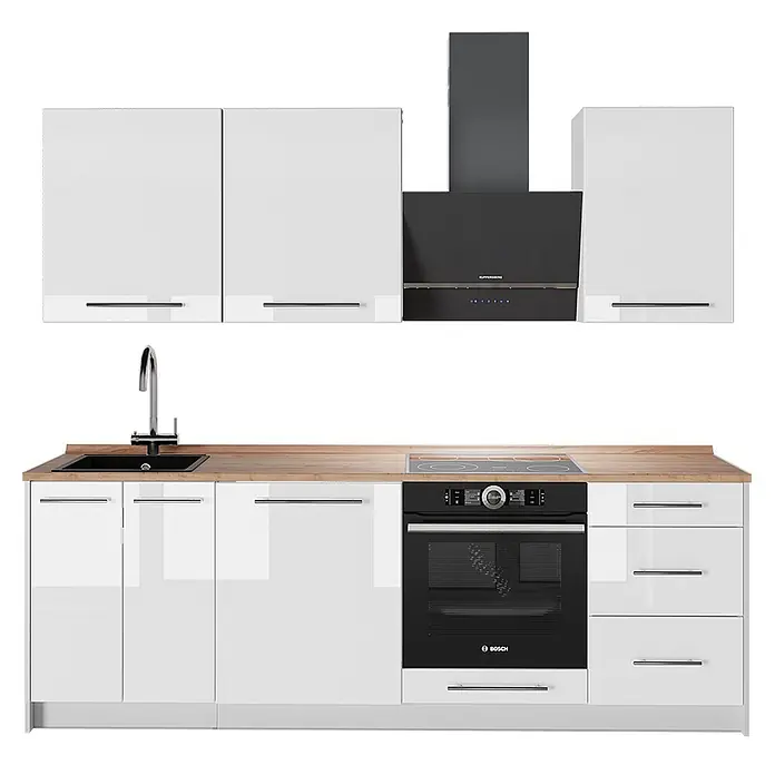 Vicco Küchenzeile - Weiß Hochglanz, Ohne Elektrogeräte - Moderne, weißglänzende Küchenzeile mit Holzplatte, schwarzem Spülbecken, Backofen, Kochfeld und Dunstabzugshaube.