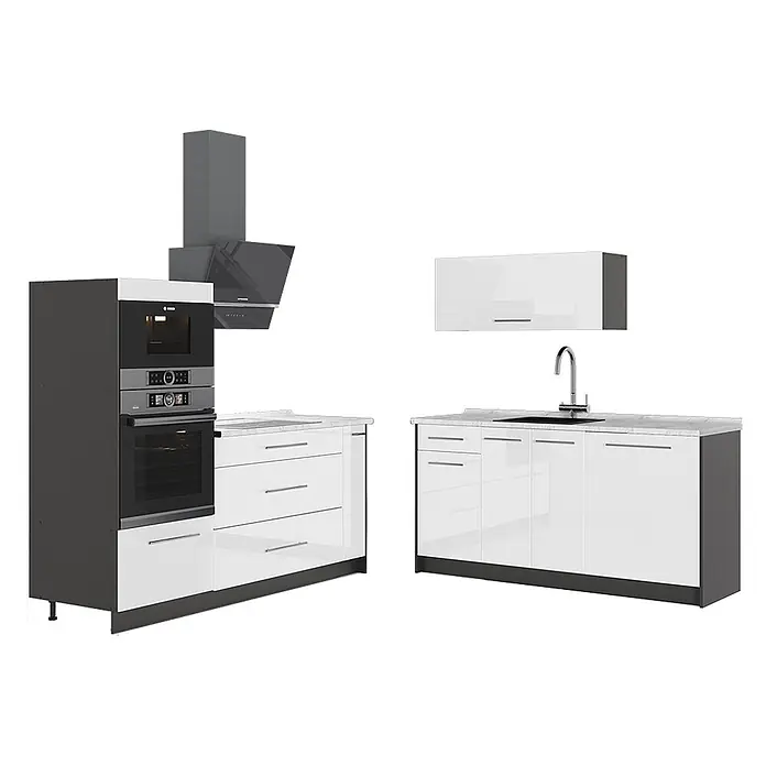 Vicco Küchenzeile - Breite: 340 cm, Weiß Hochglanz, Ohne Elektrogeräte - Moderne hochglanzweiße Küche mit integriertem Backofen, Mikrowelle, Spüle und grauen Arbeitsplatten.