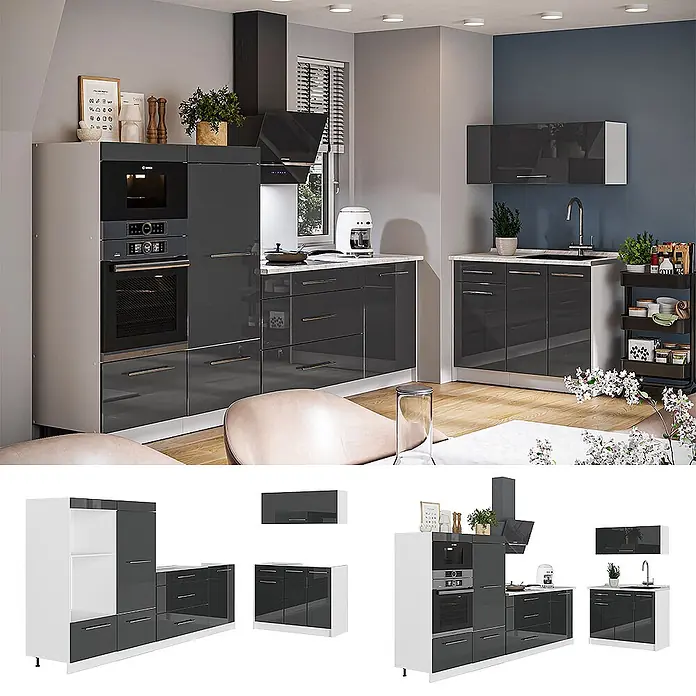 Vicco Küchenzeile - Breite: 380 cm, Anthrazit Hochglanz, Ohne Elektrogeräte - Moderne modulare Küche in Hochglanzgrau und Weiß mit integrierten Geräten, Spüle und Stauschränken.