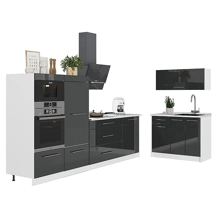Vicco Küchenzeile - Breite: 380 cm, Anthrazit Hochglanz, Ohne Elektrogeräte - Moderne Küche mit glänzenden dunkelgrauen Fronten und weißen Korpen, inklusive integrierter Geräte: Backofen, Mikrowelle, Kochfeld, Dunstabzug, Spüle.