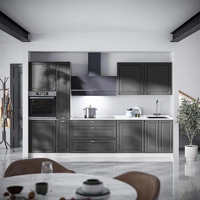 Vicco Küchenzeile - Breite: 310 cm, Anthrazit-Gold Landhaus, Ohne Elektrogeräte - Moderne dunkelgraue Küche mit integrierten Geräten wie Backofen, Kochfeld, Spüle und Dunstabzugshaube für einen eleganten Kochbereich.