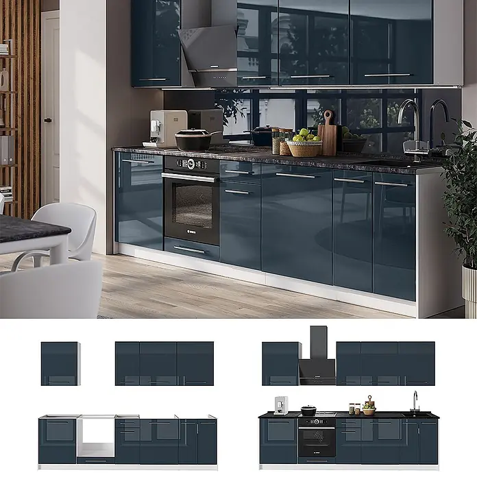 Vicco Küchenzeile - Breite: 280 cm, Dunkelblau Hochglanz, Ohne Elektrogeräte - Moderne blaue Hochglanzküche mit dunkler Arbeitsplatte und integrierten Geräten.