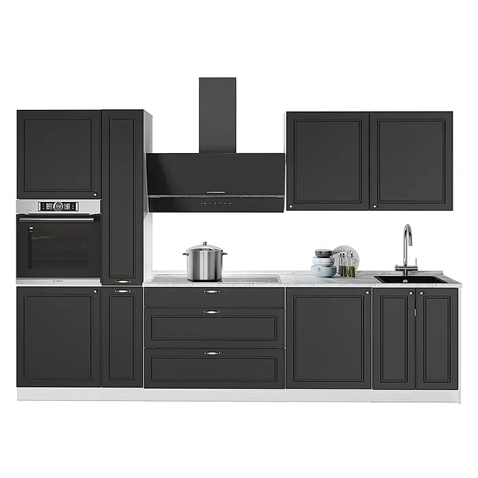 Vicco Küchenzeile - Breite: 310 cm, Anthrazit-Gold Landhaus, Ohne Elektrogeräte - Eine dunkelgraue Küchenzeile mit integriertem Backofen, Kochfeld, Dunstabzugshaube und Spüle, als komplette moderne Küchenlösung.