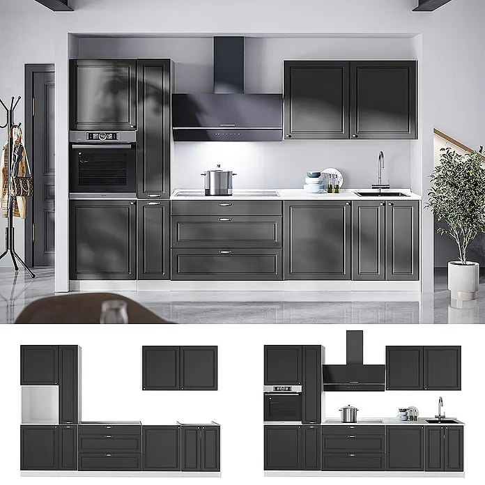 Vicco Küchenzeile - Breite: 310 cm, Anthrazit-Gold Landhaus, Ohne Elektrogeräte - Komplette dunkelgraue Küchenschrank-Garnitur mit Unterschränken, Hängeschränken, integriertem Backofen und Dunstabzugshaube, mit klassischen Paneeltüren.