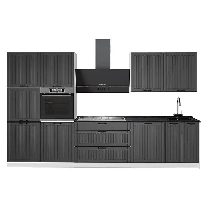 Vicco Küchenzeile - Breite: 340 cm, Dunkelgrau, Ohne Elektrogeräte - Dunkelgraue Einbauküche mit vertikal gerillten Schranktüren, schwarzen Griffen, integriertem Backofen, Kochfeld, Spüle und Dunstabzugshaube.