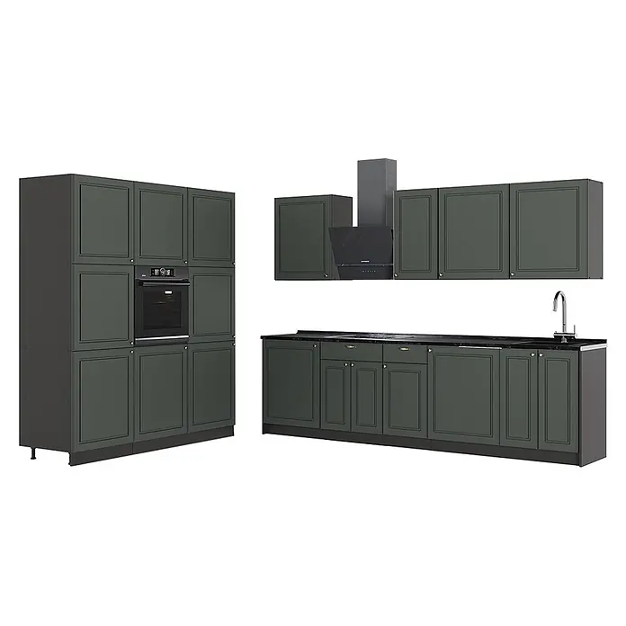 Vicco Küchenzeile - Breite: 460 cm, Grün-Gold Landhaus, Ohne Elektrogeräte - Dunkelgrüne Küchenschränke mit integriertem Backofen, Kochfeld, Spüle und Dunstabzugshaube, mit Shaker-Türen und dunklen Arbeitsplatten.