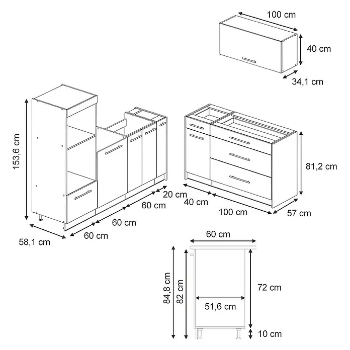 Vicco Küchenzeile - Breite: 340 cm, Dunkelblau Hochglanz, Ohne Elektrogeräte - Detaillierte technische Zeichnung von Küchenschrankmodulen mit Maßen für Unter-, Ober- und Hochschränke.