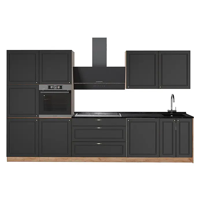 Vicco Küchenzeile - Breite: 340 cm, Anthrazit-Gold Landhaus, Ohne Elektrogeräte - Moderne schwarze Einbauküche mit integriertem Backofen, Kochfeld, Spüle, Dunstabzugshaube, Holzsockel und schwarzen Arbeitsplatten.