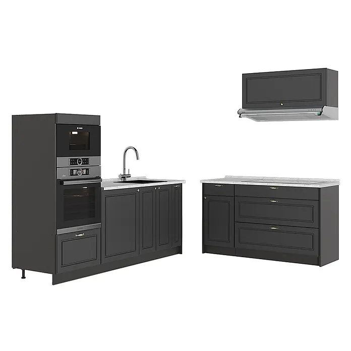 Vicco Küchenzeile - Anthrazit-Gold Landhaus, Ohne Elektrogeräte - Modulare dunkelgraue Küche mit integriertem Bosch-Backofenturm, Spüle, Dunstabzugshaube und weißen Arbeitsplatten mit goldenen Griffen.