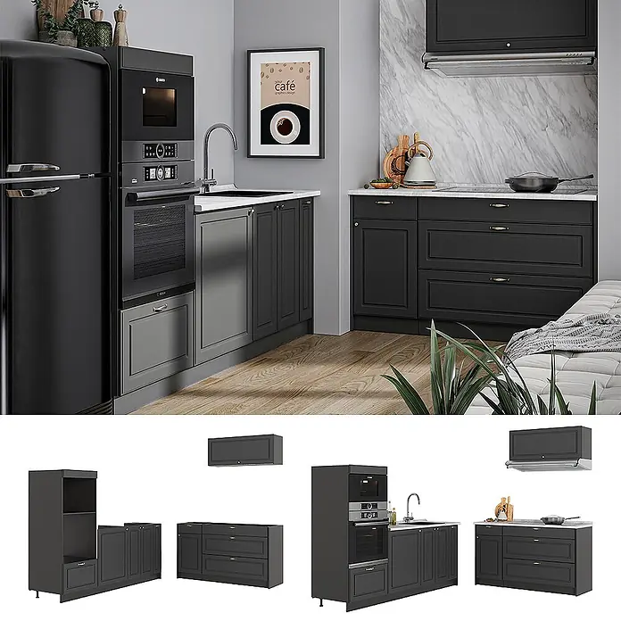 Vicco Küchenzeile - Breite: 340 cm, Anthrazit-Gold Landhaus, Ohne Elektrogeräte - Moderne Modulküche in Schwarz und Dunkelgrau mit integrierten Geräten und Retro-Kühlschrank.